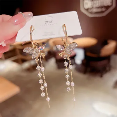Elegant Butterfly Pendant Crystal Decorated Alloy Tassel Drop Earrings for Women