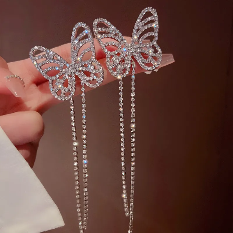 Temperament Exaggerated Butterfly Zircon Decorated Alloy Tassel Earrings