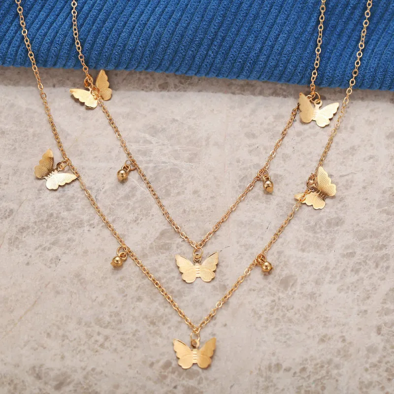 Simple Butterfly Pendant Design Alloy Multilayer Water Wave Chain Necklace for Women