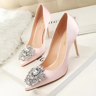 Size 4.5-11 Fashion Sexy Rhinestone Decor Solid Color Pointed-toe Stiletto Heels Dinner Shoes