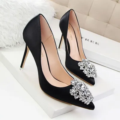 Size 4.5-11 Fashion Sexy Rhinestone Decor Solid Color Pointed-toe Stiletto Heels Dinner Shoes