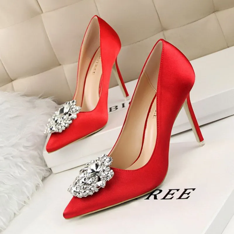 Size 4.5-11 Fashion Sexy Rhinestone Decor Solid Color Pointed-toe Stiletto Heels Dinner Shoes