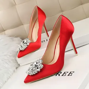 Size 4.5-11 Fashion Sexy Rhinestone Decor Solid Color Pointed-toe Stiletto Heels Dinner Shoes