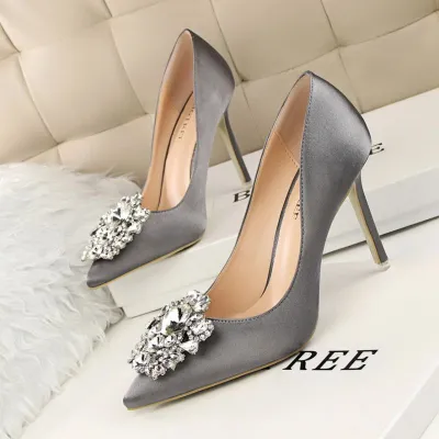 Size 4.5-11 Fashion Sexy Rhinestone Decor Solid Color Pointed-toe Stiletto Heels Dinner Shoes