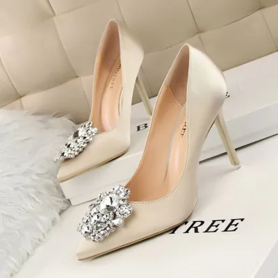 Size 4.5-11 Fashion Sexy Rhinestone Decor Solid Color Pointed-toe Stiletto Heels Dinner Shoes