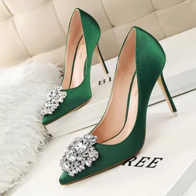 Size 4.5-11 Fashion Sexy Rhinestone Decor Solid Color Pointed-toe Stiletto Heels Dinner Shoes