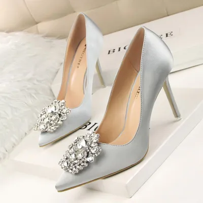 Size 4.5-11 Fashion Sexy Rhinestone Decor Solid Color Pointed-toe Stiletto Heels Dinner Shoes