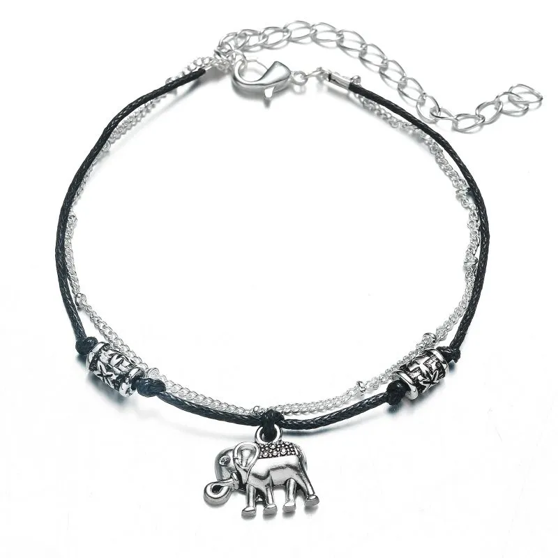 Vintage Style Double Layer Alloy Elephant Cord Anklet