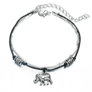 Vintage Style Double Layer Alloy Elephant Cord Anklet