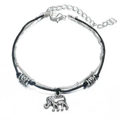 Vintage Style Double Layer Alloy Elephant Cord Anklet