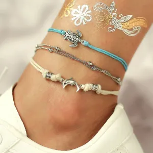 Summer Ocean Element Turtle Dolphin Charm 3pcs Anklets Set