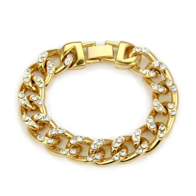 Men Fashion Plated Alloy Chain Rhinestone Cuba Bracelet