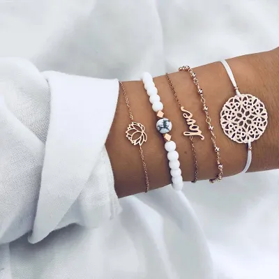 Fashion Bohemian Alloy Lotus Carving 5pcs Bracelets Set