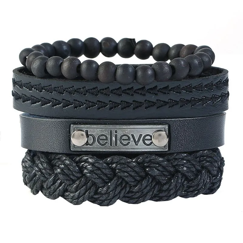 Multilayer Men Style 4pcs/set Wooden Beads PU Braided Bracelets