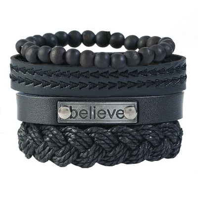 Multilayer Men Style 4pcs/set Wooden Beads PU Braided Bracelets