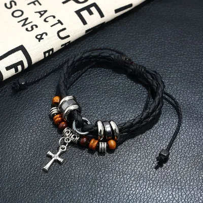 Men's Fashion Classic Leather Braided Cross Pendant Bracelet