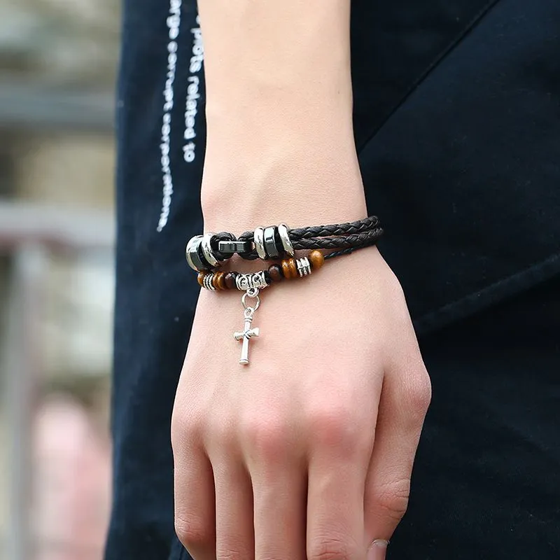 Men's Fashion Classic Leather Braided Cross Pendant Bracelet