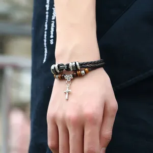 Men's Fashion Classic Leather Braided Cross Pendant Bracelet