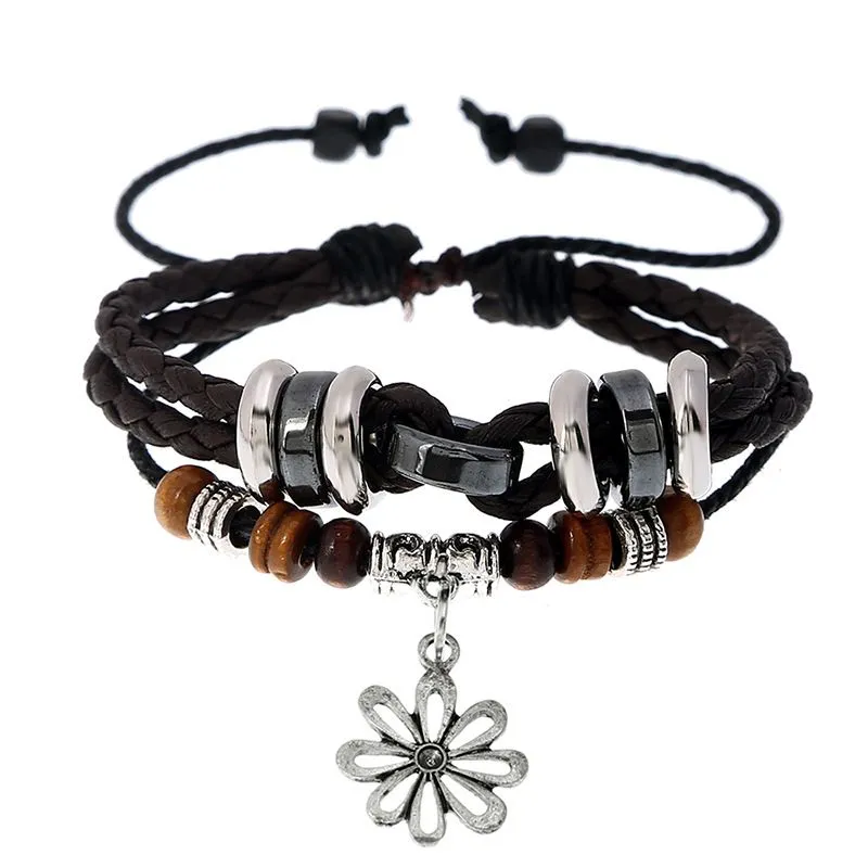 Vintage Unisex Double Layer Leather Braided Metal Flower Pendant Bracelet