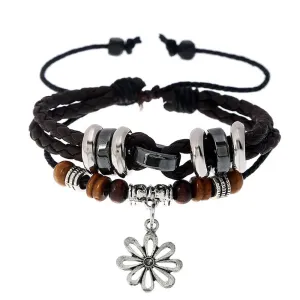 Vintage Unisex Double Layer Leather Braided Metal Flower Pendant Bracelet