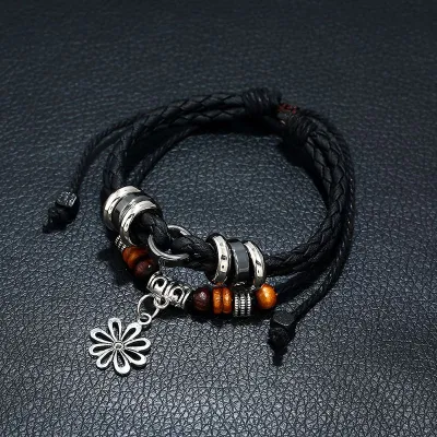 Vintage Unisex Double Layer Leather Braided Metal Flower Pendant Bracelet