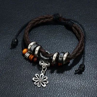 Vintage Unisex Double Layer Leather Braided Metal Flower Pendant Bracelet