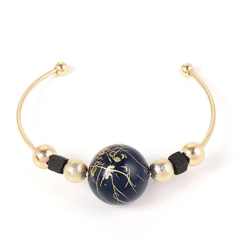 Women Fashion Contrast Beads Decor Adjustable Cuff Bangle