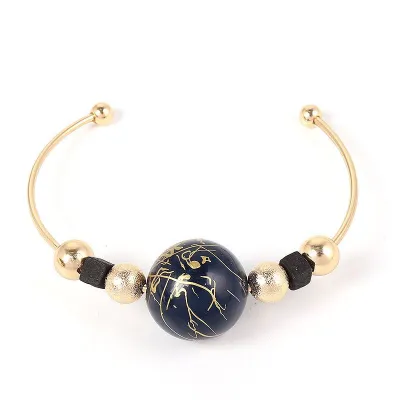 Women Fashion Contrast Beads Decor Adjustable Cuff Bangle