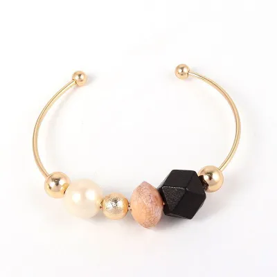 Women Fashion Contrast Beads Decor Adjustable Cuff Bangle