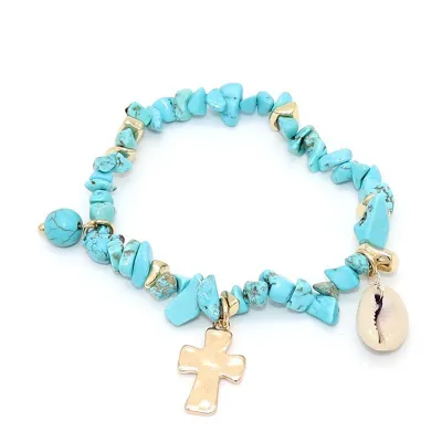Women Bohemian Irregular Stone Beaded Cross Pendant Bracelet