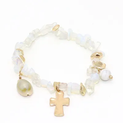 Women Bohemian Irregular Stone Beaded Cross Pendant Bracelet