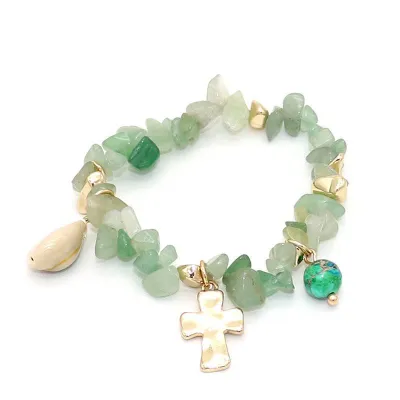 Women Bohemian Irregular Stone Beaded Cross Pendant Bracelet