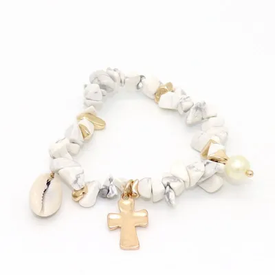 Women Bohemian Irregular Stone Beaded Cross Pendant Bracelet