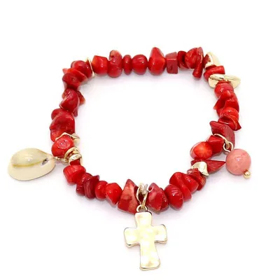 Women Bohemian Irregular Stone Beaded Cross Pendant Bracelet