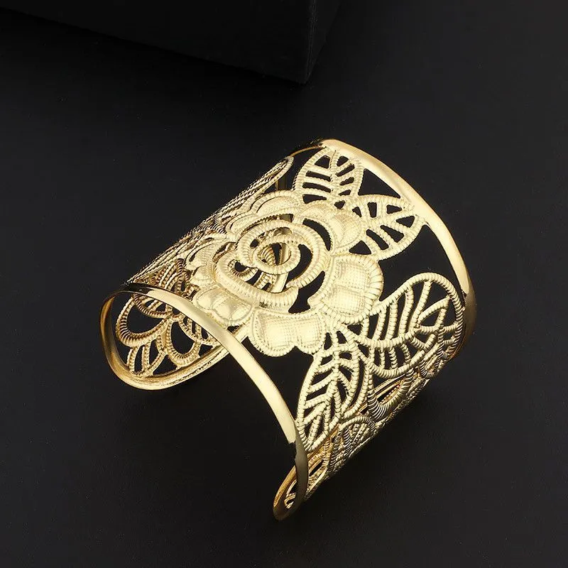 Exquisite Golden Hollow Rose Design Wide Cuff Bangle