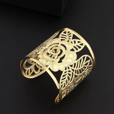 Exquisite Golden Hollow Rose Design Wide Cuff Bangle
