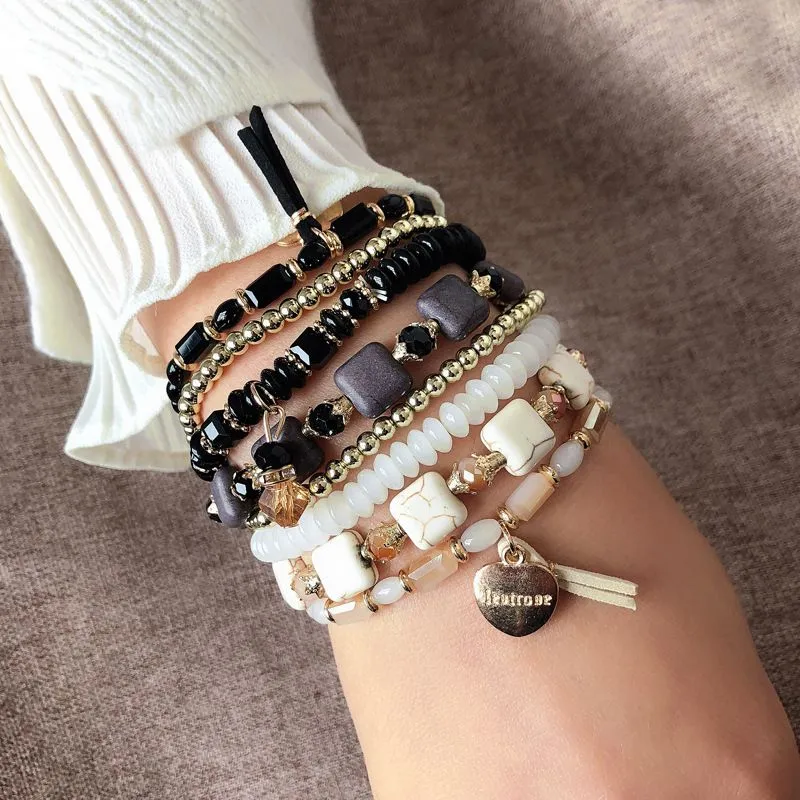 Women Bohemian Style Multilayer Beaded Stretchy Charm Bracelet
