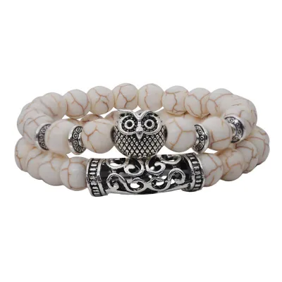 Fashion Double Layer Beaded Design Vintage Alloy Owl Decor Crystal Stone Bracelets