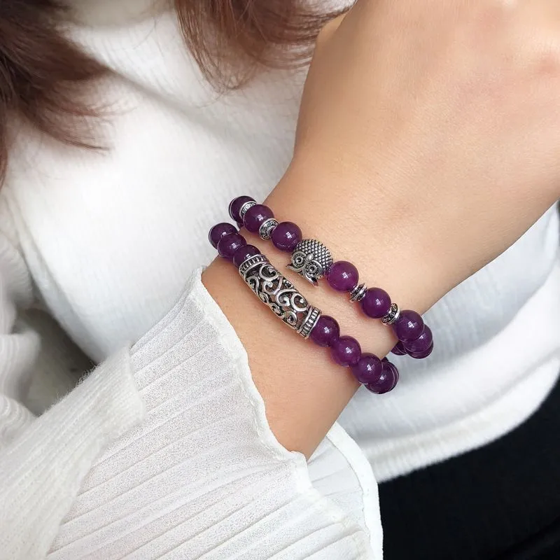 Fashion Double Layer Beaded Design Vintage Alloy Owl Decor Crystal Stone Bracelets