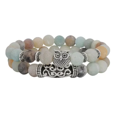 Fashion Double Layer Beaded Design Vintage Alloy Owl Decor Crystal Stone Bracelets