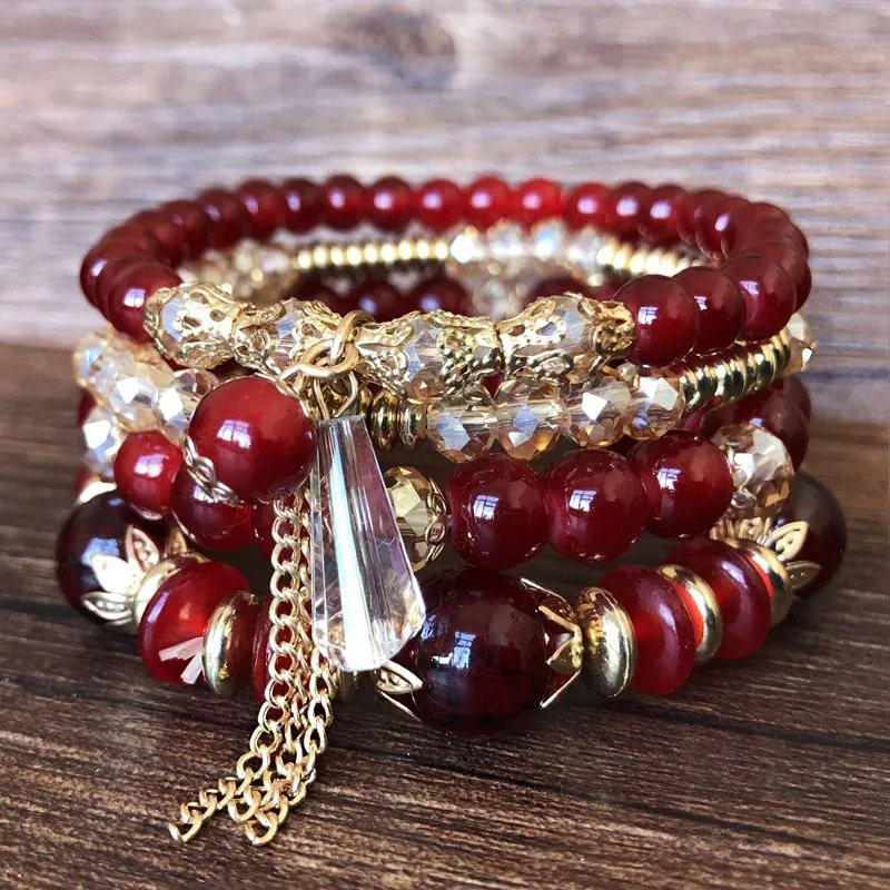 Women Bohemia Style Multilayer Crystal Beaded Bracelets Set Vintage Geometric