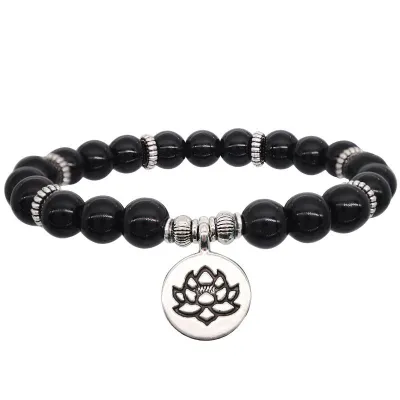 Women's Simple Lotus Carving Alloy Charm Bracelet with Crystal Onyx Blackstone