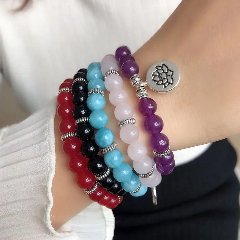 Women's Simple Lotus Carving Alloy Charm Bracelet with Crystal Onyx Blackstone