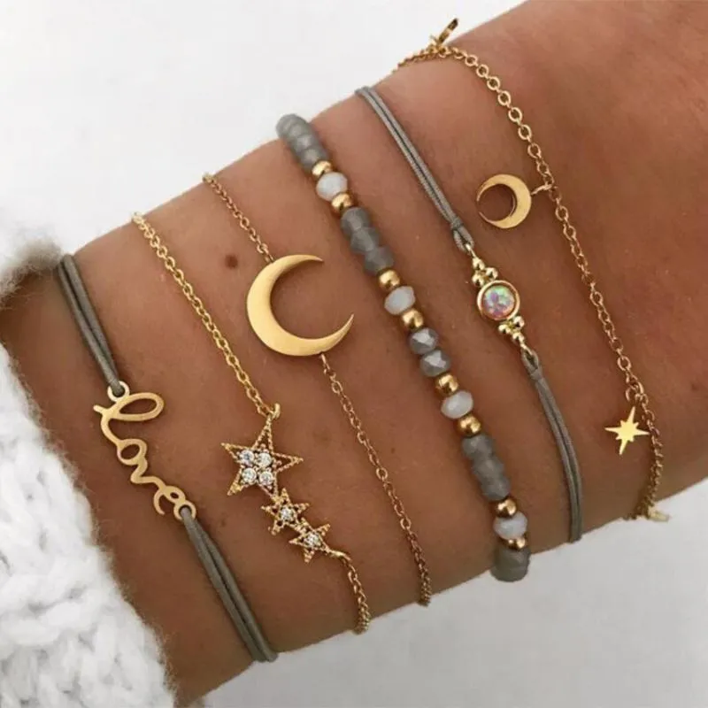 New Arrival Star Moon Snowflake Pentagram Design 6 Pcs Unisex Alloy Bracelets Set