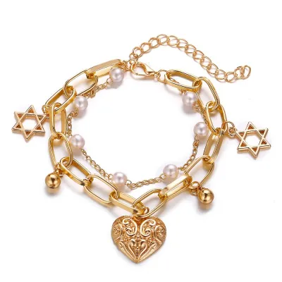 Vintage Style Pearl Love Heart Double Layer Bracelets for Unisex