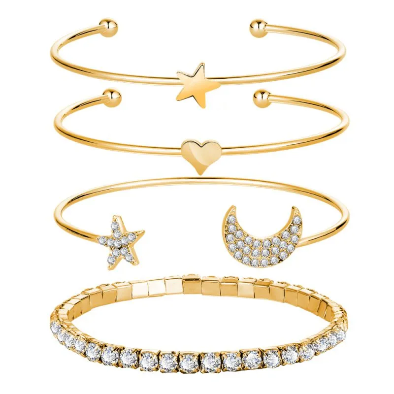 4 Pcs Diamond Decor Star Moon Open Bracelets Set