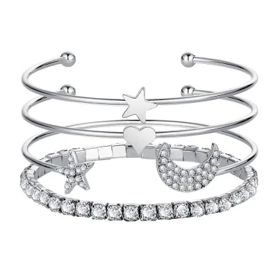 4 Pcs Diamond Decor Star Moon Open Bracelets Set