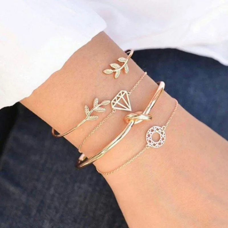 4 Pcs Fashion Personality Leaves Open Rhinestone Alloy Bracelets Jewelry