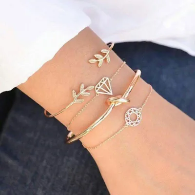 4 Pcs Fashion Personality Leaves Open Rhinestone Alloy Bracelets Jewelry
