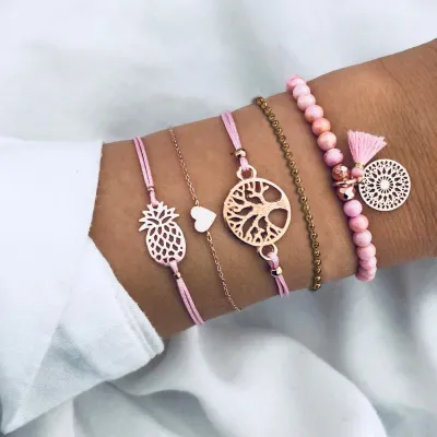 5 Pcs Hand-woven Pineapple Love Heart Bead Adorn Design Bracelets Women Fashion Alloy Geometric